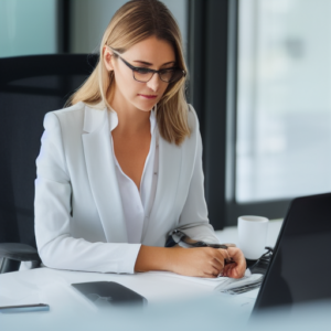 business woman in white reading