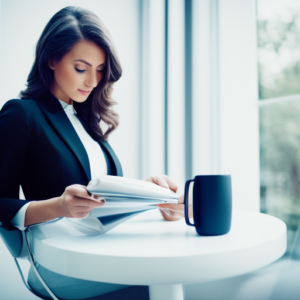 business woman reading English newspaper